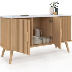 Buffet bas 110 cm plateau effet marbre 3 portes lattes tasseau bois coloris chêne