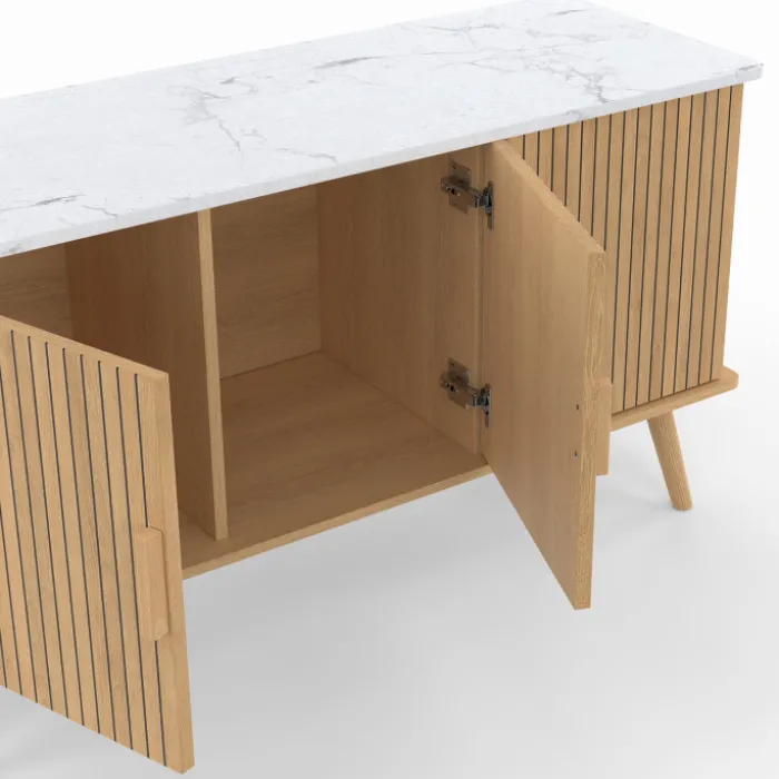 Buffet bas 110 cm plateau effet marbre 3 portes lattes tasseau bois coloris chêne