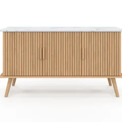 Buffet bas 110 cm plateau effet marbre 3 portes lattes tasseau bois coloris chêne