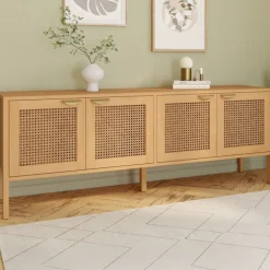 Buffet bas 4 portes bois et cannage 160 cm