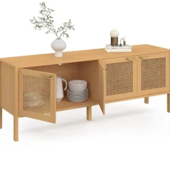 Buffet bas 4 portes bois et cannage 160 cm