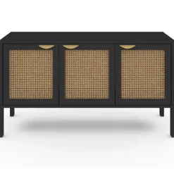 Buffet bas 3 portes bois noir et cannage 110 cm