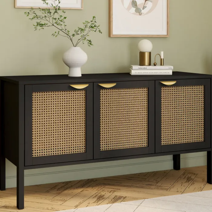 Buffet bas 3 portes bois noir et cannage 110 cm