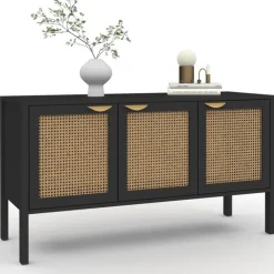 Buffet bas 3 portes bois noir et cannage 110 cm