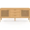 Buffet bas bois et cannage 140 cm avec 2 portes et 3 tiroirs