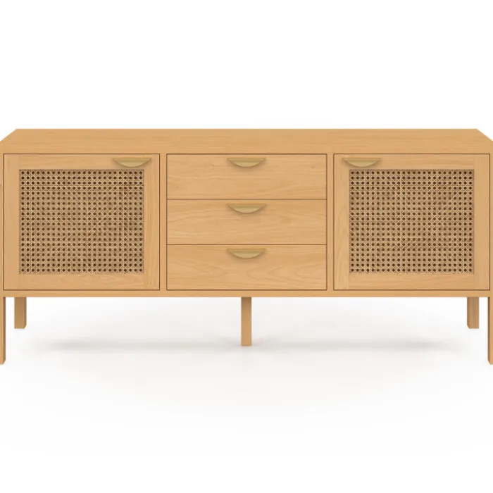 Buffet bas bois et cannage 140 cm avec 2 portes et 3 tiroirs