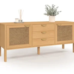 Buffet bas bois et cannage 140 cm avec 2 portes et 3 tiroirs