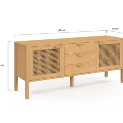 Buffet bas bois et cannage 140 cm avec 2 portes et 3 tiroirs