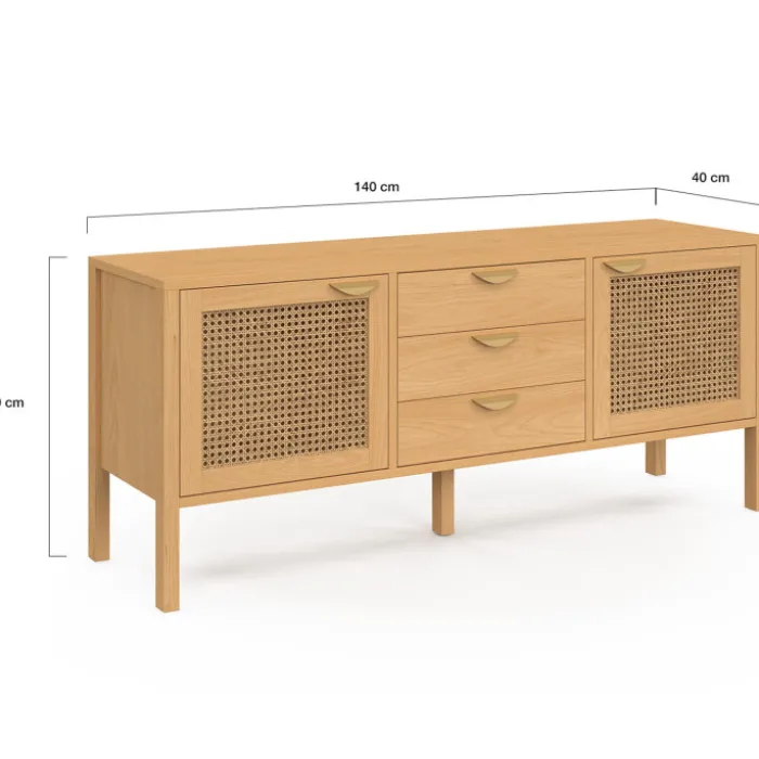 Buffet bas bois et cannage 140 cm avec 2 portes et 3 tiroirs
