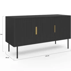 Buffet bas bois noir 110cm 3 portes effet lattes