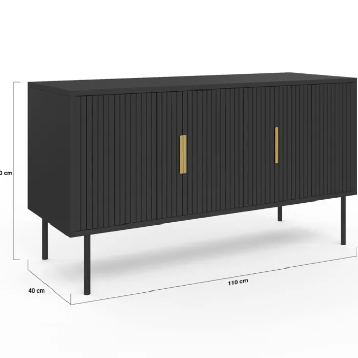 Buffet bas bois noir 110cm 3 portes effet lattes