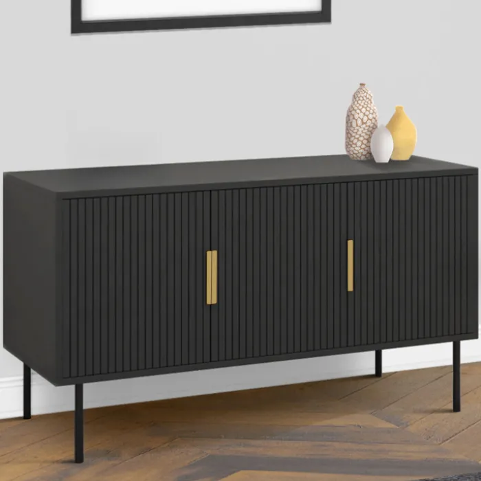 Buffet bas bois noir 110cm 3 portes effet lattes