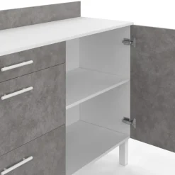Buffet bas casserolier de cuisine 120 cm plan de travail H.83 cm 1 porte + 3 tiroirs blanc et effet béton