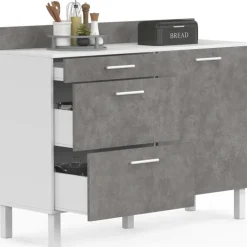 Buffet bas casserolier de cuisine 120 cm plan de travail H.83 cm 1 porte + 3 tiroirs blanc et effet béton