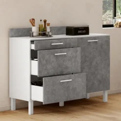Buffet bas casserolier de cuisine 120 cm plan de travail H.83 cm 1 porte + 3 tiroirs blanc et effet béton