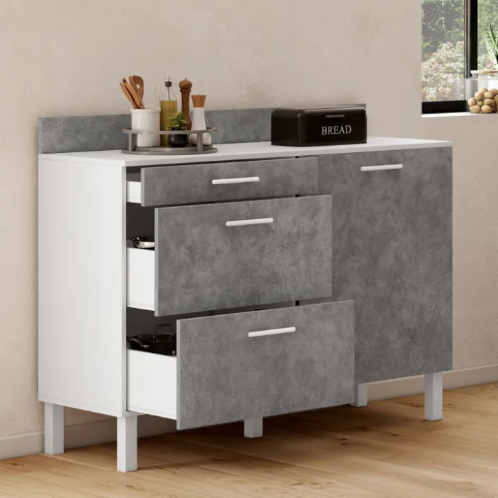 Buffet bas casserolier de cuisine 120 cm plan de travail H.83 cm 1 porte + 3 tiroirs blanc et effet béton