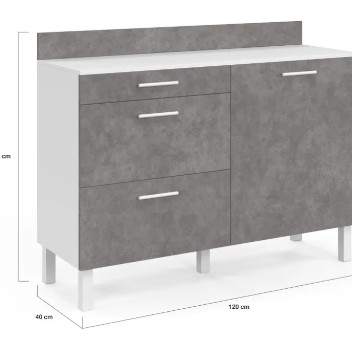 Buffet bas casserolier de cuisine 120 cm plan de travail H.83 cm 1 porte + 3 tiroirs blanc et effet béton
