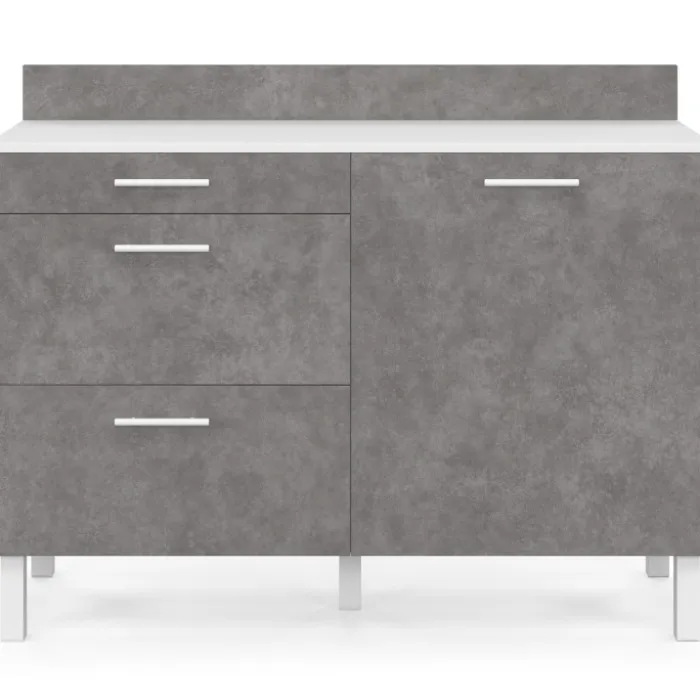Buffet bas casserolier de cuisine 120 cm plan de travail H.83 cm 1 porte + 3 tiroirs blanc et effet béton
