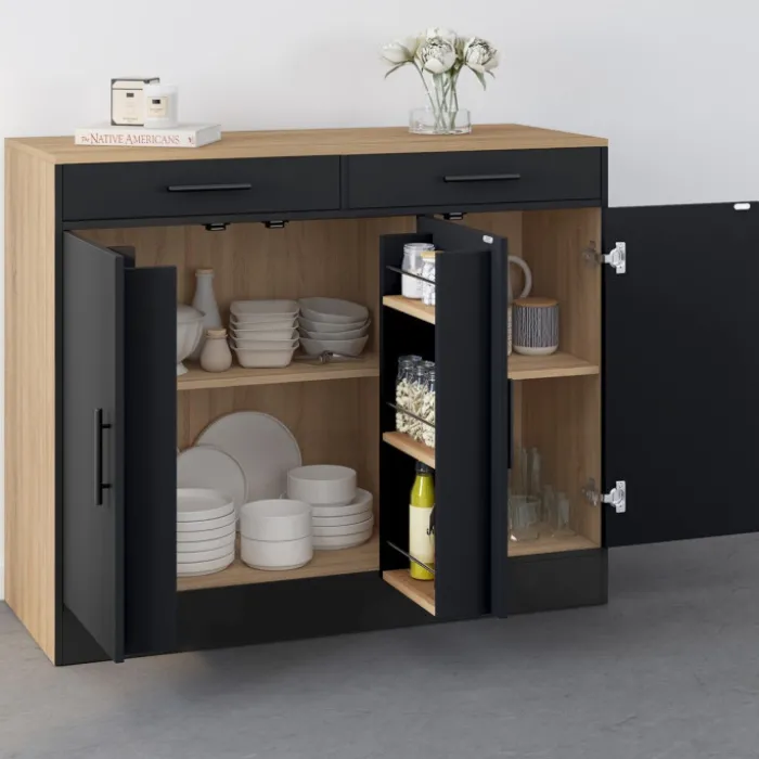 Buffet bas de cuisine 110 cm avec rangements façon hêtre et noir