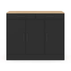 Buffet bas de cuisine 110 cm avec rangements façon hêtre et noir
