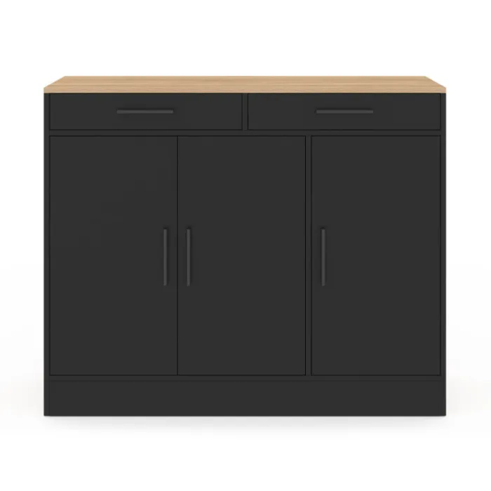Buffet bas de cuisine 110 cm avec rangements façon hêtre et noir