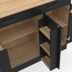 Buffet bas de cuisine 110 cm avec rangements façon hêtre et noir