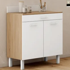 Buffet bas de cuisine 80 cm plan de travail H.83 cm 2 portes + tiroir façon hêtre et blanc