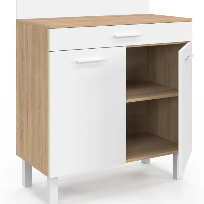Buffet bas de cuisine 80 cm plan de travail H.83 cm 2 portes + tiroir façon hêtre et blanc