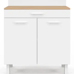 Buffet bas de cuisine 80 cm plan de travail H.83 cm 2 portes + tiroir façon hêtre et blanc