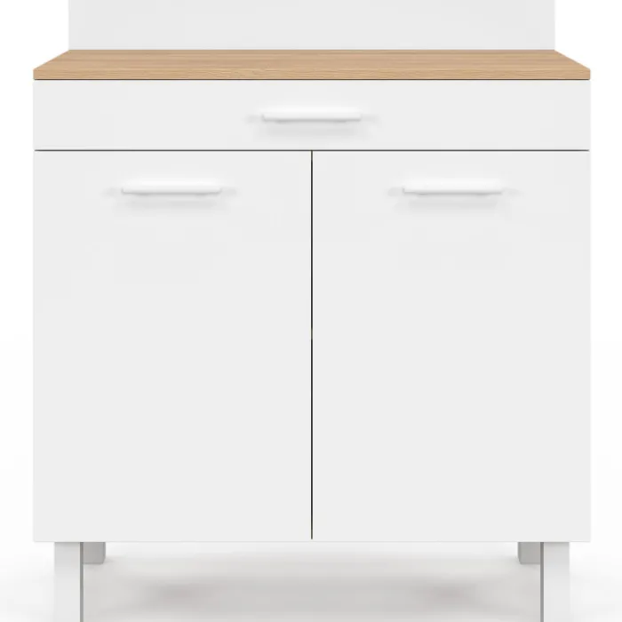 Buffet bas de cuisine 80 cm plan de travail H.83 cm 2 portes + tiroir façon hêtre et blanc