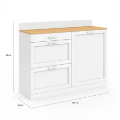 Buffet bas de cuisine 120 cm casserolier plan de travail H.83 cm 1 porte + 3 tiroirs blanc et plateau façon hêtre