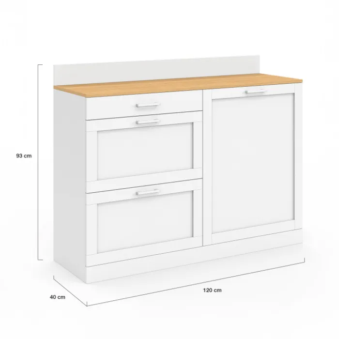 Buffet bas de cuisine 120 cm casserolier plan de travail H.83 cm 1 porte + 3 tiroirs blanc et plateau façon hêtre
