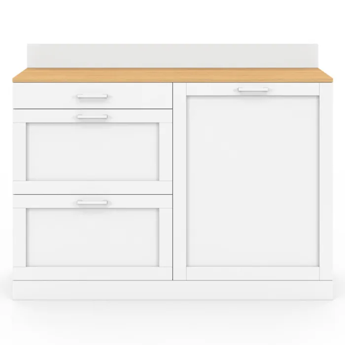 Buffet bas de cuisine 120 cm casserolier plan de travail H.83 cm 1 porte + 3 tiroirs blanc et plateau façon hêtre