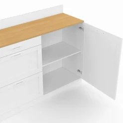 Buffet bas de cuisine 120 cm casserolier plan de travail H.83 cm 1 porte + 3 tiroirs blanc et plateau façon hêtre