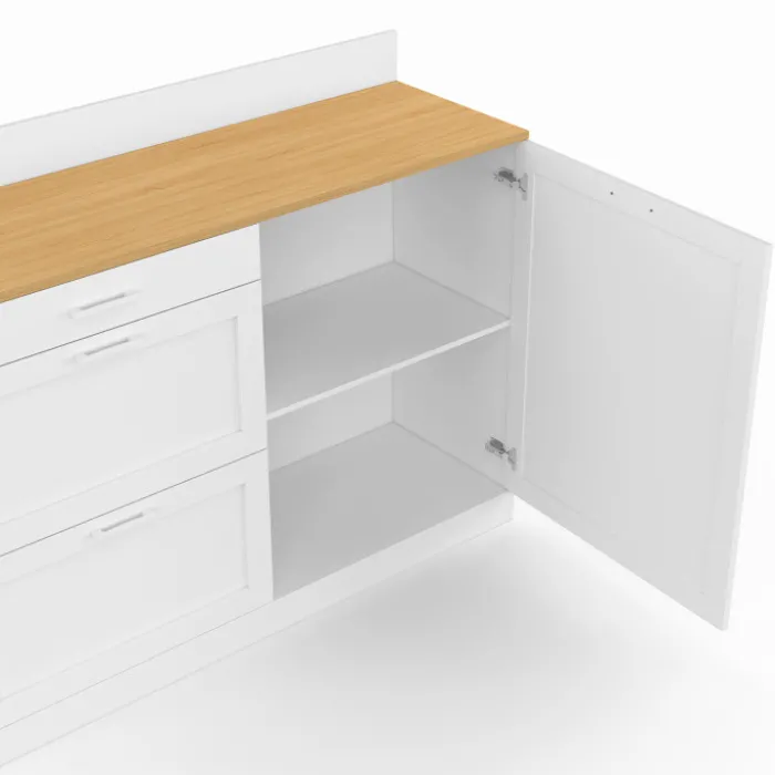 Buffet bas de cuisine 120 cm casserolier plan de travail H.83 cm 1 porte + 3 tiroirs blanc et plateau façon hêtre