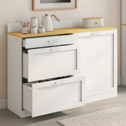 Buffet bas de cuisine 120 cm casserolier plan de travail H.83 cm 1 porte + 3 tiroirs blanc et plateau façon hêtre