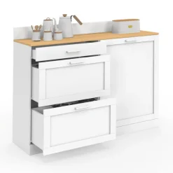 Buffet bas de cuisine 120 cm casserolier plan de travail H.83 cm 1 porte + 3 tiroirs blanc et plateau façon hêtre