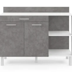 Buffet bas de cuisine blanc 120 cm 2 portes + tiroir effet béton