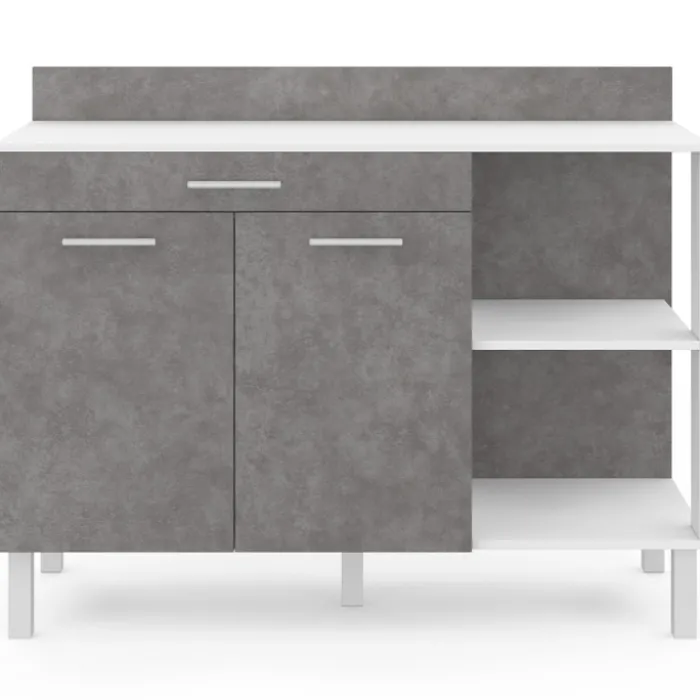 Buffet bas de cuisine blanc 120 cm 2 portes + tiroir effet béton