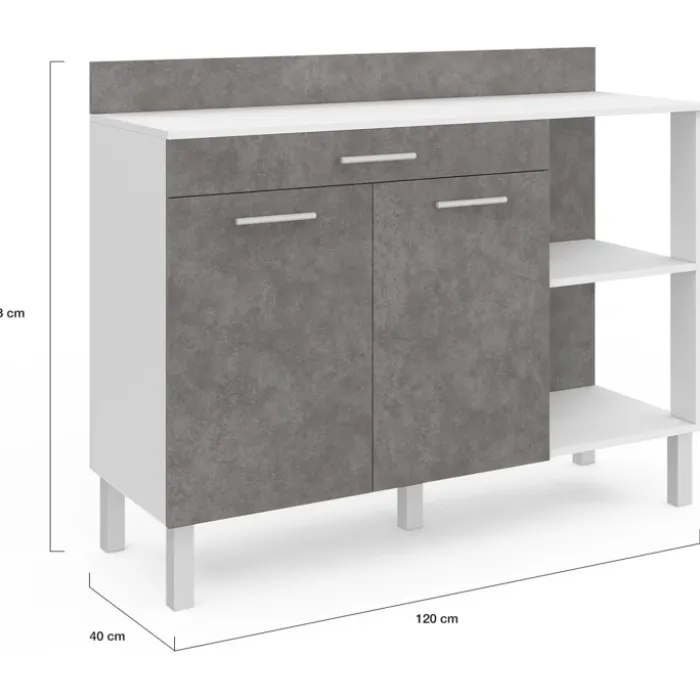 Buffet bas de cuisine blanc 120 cm 2 portes + tiroir effet béton