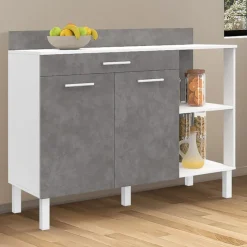 Buffet bas de cuisine blanc 120 cm 2 portes + tiroir effet béton