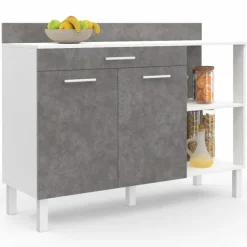 Buffet bas de cuisine blanc 120 cm 2 portes + tiroir effet béton