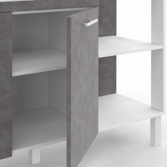 Buffet bas de cuisine blanc 120 cm 2 portes + tiroir effet béton
