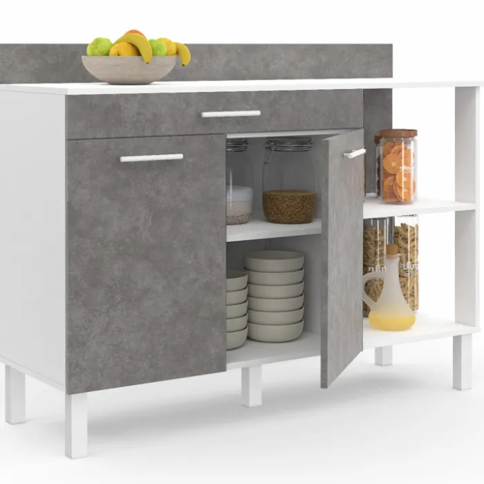 Buffet bas de cuisine blanc 120 cm 2 portes + tiroir effet béton