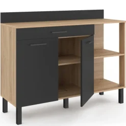 Buffet bas de cuisine bois façon hêtre 120 cm 2 portes + tiroir noir