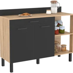 Buffet bas de cuisine bois façon hêtre 120 cm 2 portes + tiroir noir