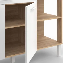 Buffet bas de cuisine bois façon hêtre 120 cm 2 portes + tiroir blanc