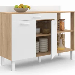 Buffet bas de cuisine bois façon hêtre 120 cm 2 portes + tiroir blanc
