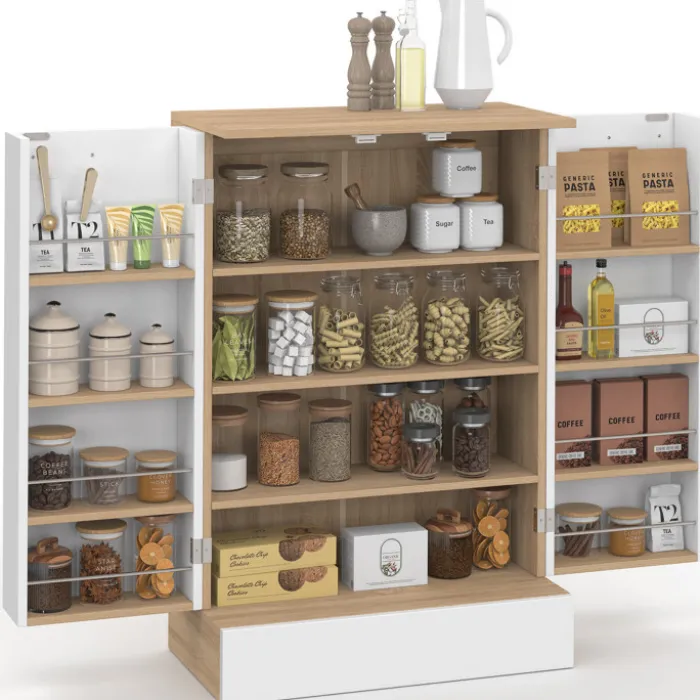 Buffet bas de cuisine H.90 cm avec rangements blanc et bois