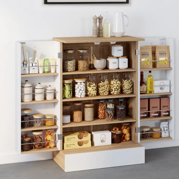 Buffet bas de cuisine H.90 cm avec rangements blanc et bois